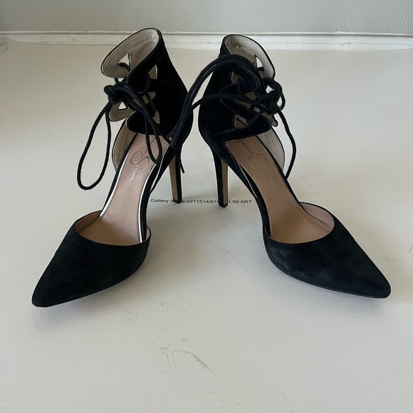 Jessica Simpson Cena Lace Up Black Suede Pointy Toe Heels Women's Size 8 - Picture 6 of 14